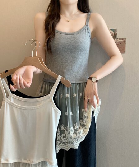 실사 여름 드레스 새로운 빅 사이즈 여성 의류 회색 부드럽다 패치워크 레이스 디자인 센스 슬립 여성 고급 센스 조끼 여성