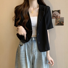 批发实拍夏装大码女装小西装短款小个子设计感西服上衣M 4XL200斤