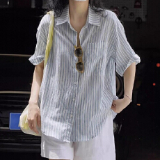 批发夏装新款大码<b class='q'>女装</b>复古条纹棉麻短袖衬衫慵懒松弛感外搭宽松上衣
