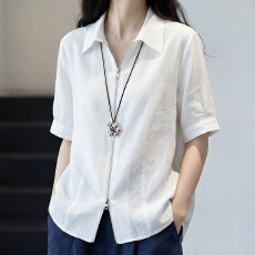 批发夏季新款白色翻领衬衫女短袖洋气减龄宽松显瘦设计感拉链上衣