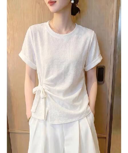 여름 얇고 가벼운 통기성 연령 감소 슬림해 보이는 작은 셔츠 여성 새로운 반팔 빅 사이즈 레이스업 캐주얼 바람 라운드 넥 맨위