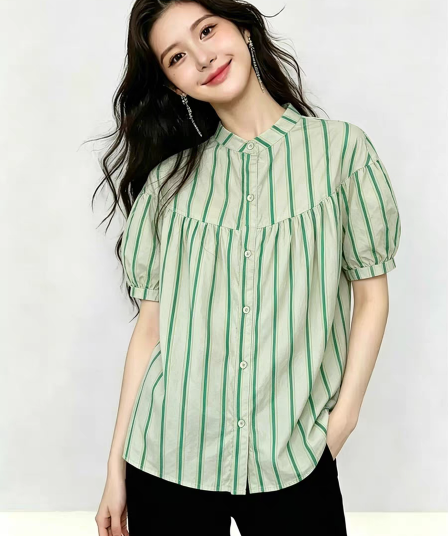 여름 드레스 새로운 스트라이프 셔츠 한국 스타일 출퇴근 스탠드 칼라 벌룬 소매 사탕 색상 반팔 인형 셔츠
