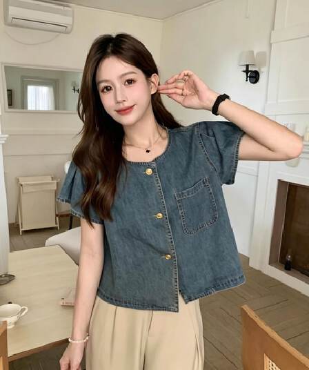여름 새로운 출퇴근 레트로 라운드 넥 싱글 줄 버튼 데님 셔츠 한국 스타일 루즈핏 반팔 주머니 맨위 트렌디