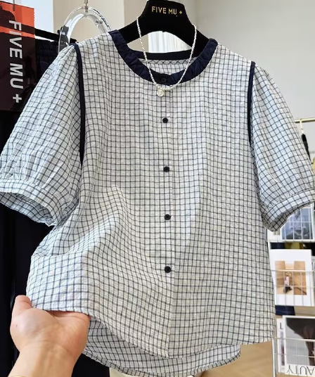 한 부서 연령 감소 고급 센스 품격 라운드 넥 체크무늬 반팔 여성 셔츠 여름 순면 작은 셔츠 슈퍼 잘 생긴 맨위