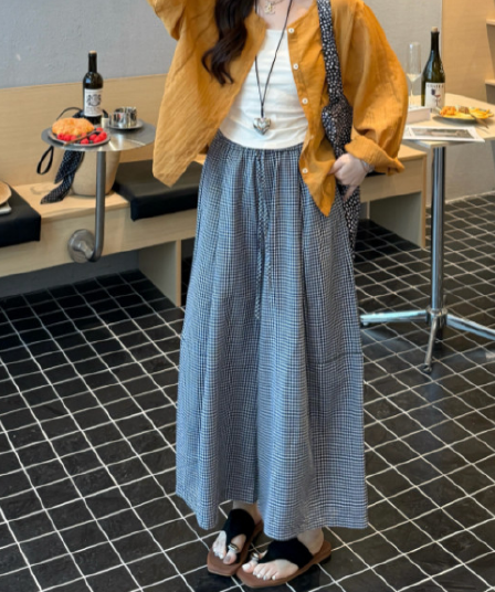 여름 드레스 새로운 한국 스타일 루즈핏 슬림해 보이는 다용도 체크무늬 와이드 레그 팬츠 스트레이트 9부 바지 캐주얼 바지 여성