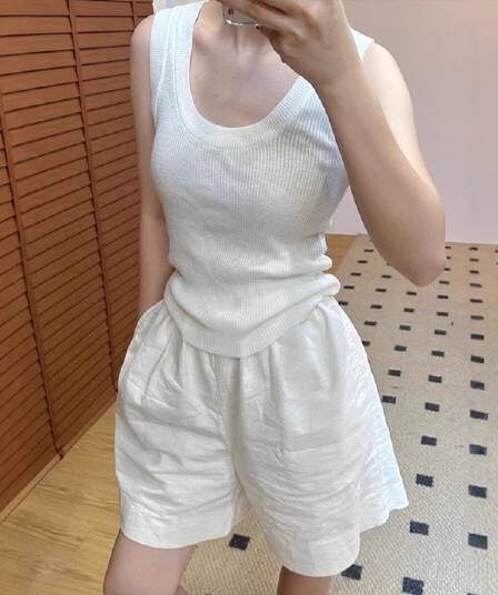화이트 면 린넨 운동 넓은 다리가 짧다. 바지 여성 여름 얇은 스타일 허리밴드 펌프 로프 작은 키 아마 한 마디 오부 바지