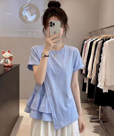 여름 드레스 새로운 빅 사이즈 여성 의류 통통한 여동생 Chic 불규칙 디자인 센스 허리 수축 반팔 셔츠 소나무 슬림해 보이는 맨위