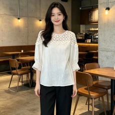 批发新款夏季白色蕾丝镂空拼接半袖衬衫女大码<b class='q'>胖</b><b class='q'>mm</b>巨好看上衣
