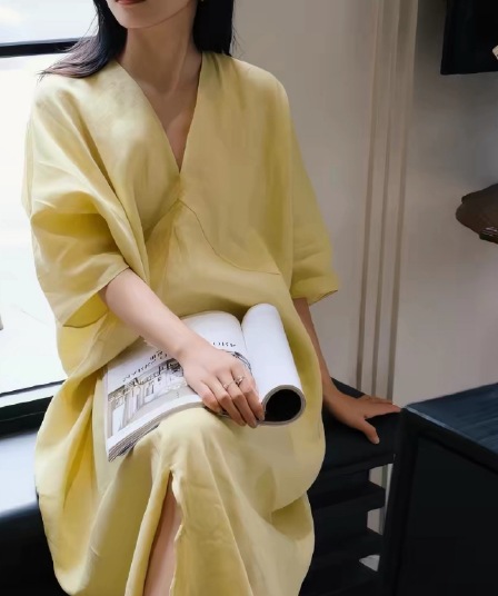 여름 드레스 새로운 빅 사이즈 면 린넨 롱 스커트 V넥 품격 드레스 아이들 여름 섹션 유럽 만약 바람 착용 가져 가라. 26 새로운