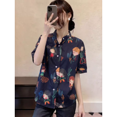 批发<b class='q'>夏</b>季新款日单短袖印花衬衫女甜美立领大码显瘦纯棉薄款衬衣