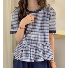 批发<b class='q'>夏</b>装日韩轻奢减龄圆领短袖娃娃衫复古格子衬衫超好看裙摆小衫