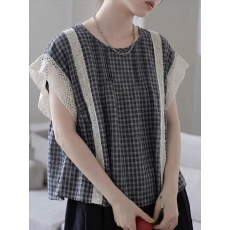批发<b class='q'>夏</b>季新款女装蕾丝拼接格子衬衫高级感穿搭上衣