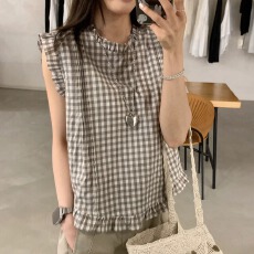批发夏装新款减龄韩系木耳边格子无袖小衫女薄外穿马甲背心上衣
