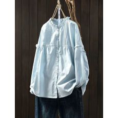批发<b class='q'>秋装</b>新款<b class='q'>大码</b><b class='q'>女装</b>复古日系蓝色木耳边衬衫宽松气质风琴褶长袖上衣