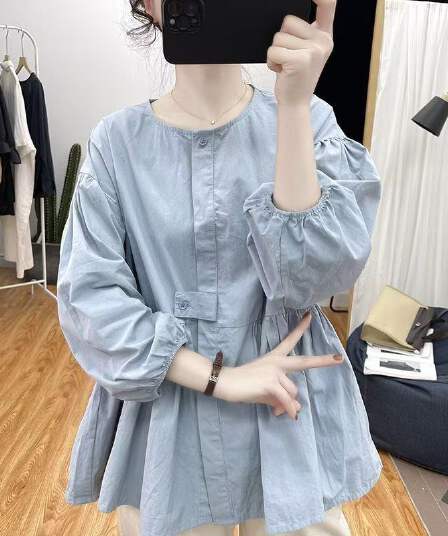 가을 의상 새로운 빅 사이즈 여성 의류 디자인 순면 벌룬 소매 긴팔 여성 셔츠 인형 루즈핏 슬림해 보이는 맨위 셔츠