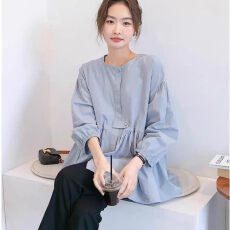 批发<b class='q'>秋</b>装新款大码女装设计纯棉灯笼袖长袖衬衫女娃娃宽松显瘦上衣衬衣
