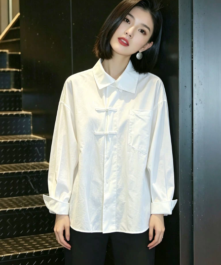 가을 의상 새로운 작은 대중 레트로 새로운 중식 빛 국풍 단추 긴팔 여성 셔츠 인사이드 가져 가라. 기본 셔츠 맨위