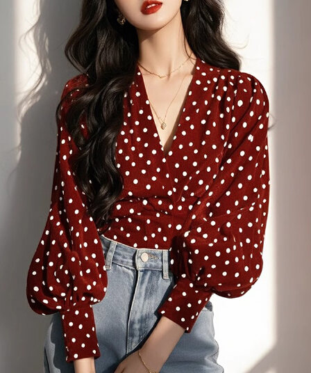 가을 의상 새로운 도트 무늬 프랑스식 작은 대중 디자인 Chic 목 꽃 품격 긴팔 셔츠 셔츠 맨위
