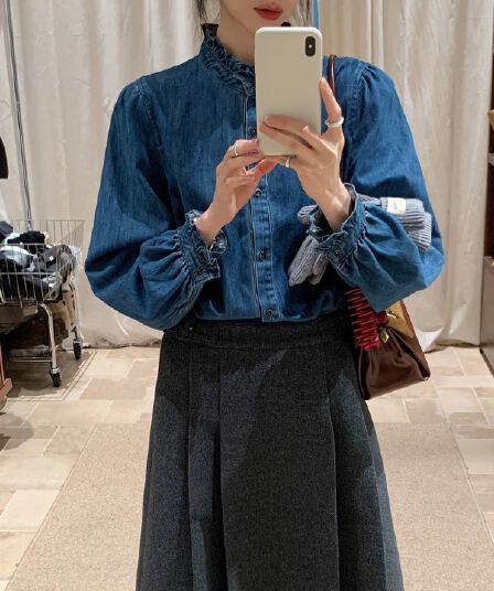 가을 의상 새로운 ynvn 한 부서 레이스 칼라 연삭 털 데님 셔츠 여성 의류 디자인 센스 작은 대중 긴팔 셔츠