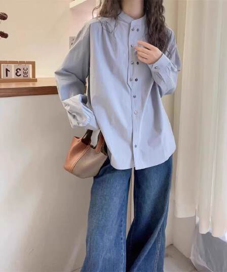 가을 의상 새로운 슬림해 보이는 빅 사이즈 여성 의류 통통한 여동생 슬림해 보이는 표지 배 고급 센스 이중 버튼 긴팔 셔츠 맨위