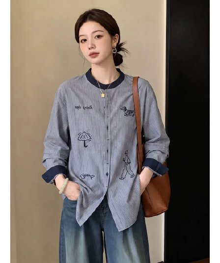 가을 의상 새로운 유럽 역 유럽 상품 낙서 자수 수직 기사 라운드 넥 여성 셔츠 루즈핏 셔츠 맨위