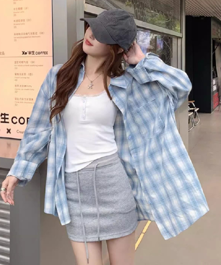 가을 의상 새로운 파란색 체크무늬 자외선 차단 셔츠 느긋한 캐주얼 루즈핏 긴팔 다용도 셔츠 디자인 맨위 재킷