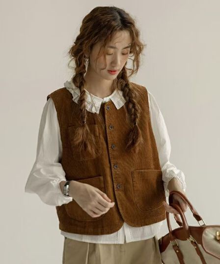가을 의상 새로운 프랑스식 코듀로이 조끼 여자 레트로 민소매 맨위 조끼 학생 외부 가져 가라. 어깨 재킷