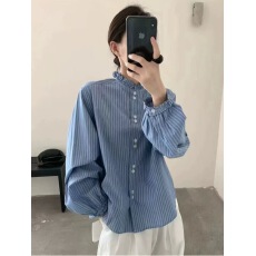批发秋装新款减龄时尚木耳领纯棉条纹衬衣长袖百搭宽松气质休闲衬衫
