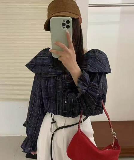 가을 의상 새로운 자이언트 잘 생긴 ~ 중 레트로 체크무늬 한 부서 착용 가져 가라. 오프숄더 프릴 칼라 긴팔 셔츠 작은 셔츠 맨위