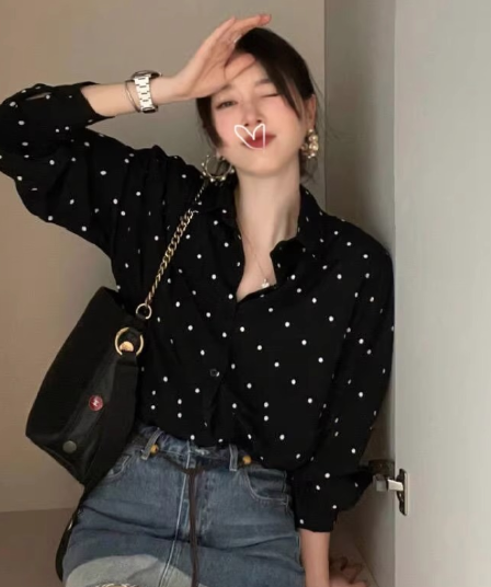 가을 의상 빅 사이즈 여성 의류 한국 chic 그는 벤 바람 폴로 칼라 배색 도트 무늬 루즈핏 다용도 긴팔 셔츠