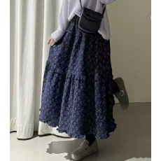 批发秋冬装百搭紫色碎花松紧半身裙高腰中长款显瘦温柔森系复古裙