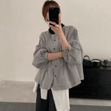 批发秋装新款欧洲站木耳边领口宽松灯笼袖娃娃衫条纹衬衫