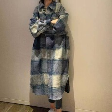 批发秋冬装新款磨毛高档大码女装宽松格纹羊外套格子中长款大衣