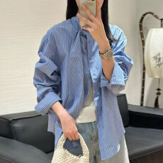批发秋装新款大码<b class='q'>韩国</b>高级感蓝色条纹衬衫女长袖宽松洋气超好看<b class='q'>上衣</b>潮