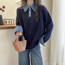 批发秋冬装韩系撞色拼接Polo领长袖针织衫设计感小众<b class='q'>宽松</b>显瘦短款上衣