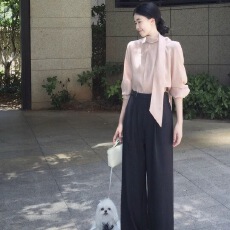 批发秋装百搭女欧尼<b class='q'>韩</b>系圆领飘带领时尚粉色气质长袖衬衫女
