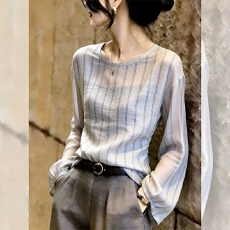 批发秋装新款高级感通勤条纹<b class='q'>雪纺</b><b class='q'>衬衫</b><b class='q'>长袖</b>宽松百搭洋气减龄遮肉上衣