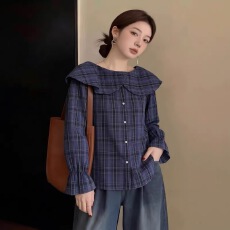 批发秋装新款巨好看复古<b class='q'>格子</b>韩系穿搭一字肩荷叶领长袖<b class='q'>衬衫</b>上衣