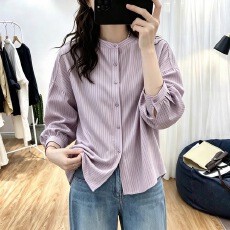批发秋装新款复古条纹紫色长袖衬衫女大码百搭宽松高级感上衣