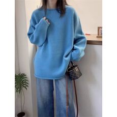 批发秋<b class='q'>冬</b>装大码新款温柔风圆领卷边纯色长袖针织衫套头羊毛蓝色毛衣
