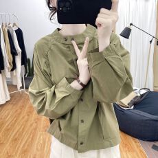 批发秋装新款立领小黑扣纯棉长袖衬衫女百搭减龄上衣<b class='q'>通勤</b>休闲衬衣