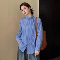 批发秋装新款大码韩国高级感蓝色条纹衬衫女长袖宽松洋气超好看上衣潮