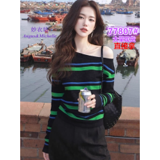 独特超好看上衣韩系慵懒风松弛感小众不撞款斜肩条纹T恤针织衫秋