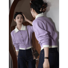 批发超好看紫色翻领长袖针织开衫女2025秋冬新款小个子短款绝美上衣服