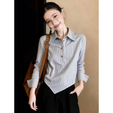 批发春季美式复古辣妹不规则polo领条纹衬衫女设计感小众独特绝美上衣