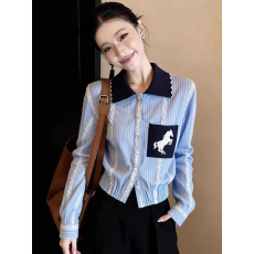 批发气质蓝色衬衫洋气<b class='q'>通勤</b>百搭高级感温柔风翻领减龄女装2026春季新款