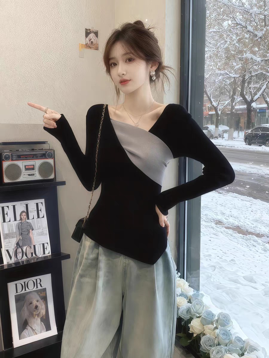 불규칙 검정색 V넥 인사이드 가져 가라. 기본 셔츠 긴팔 티셔츠 여성 가을 겨울철 디자인 센스 배색 패치워크 품격 맨위