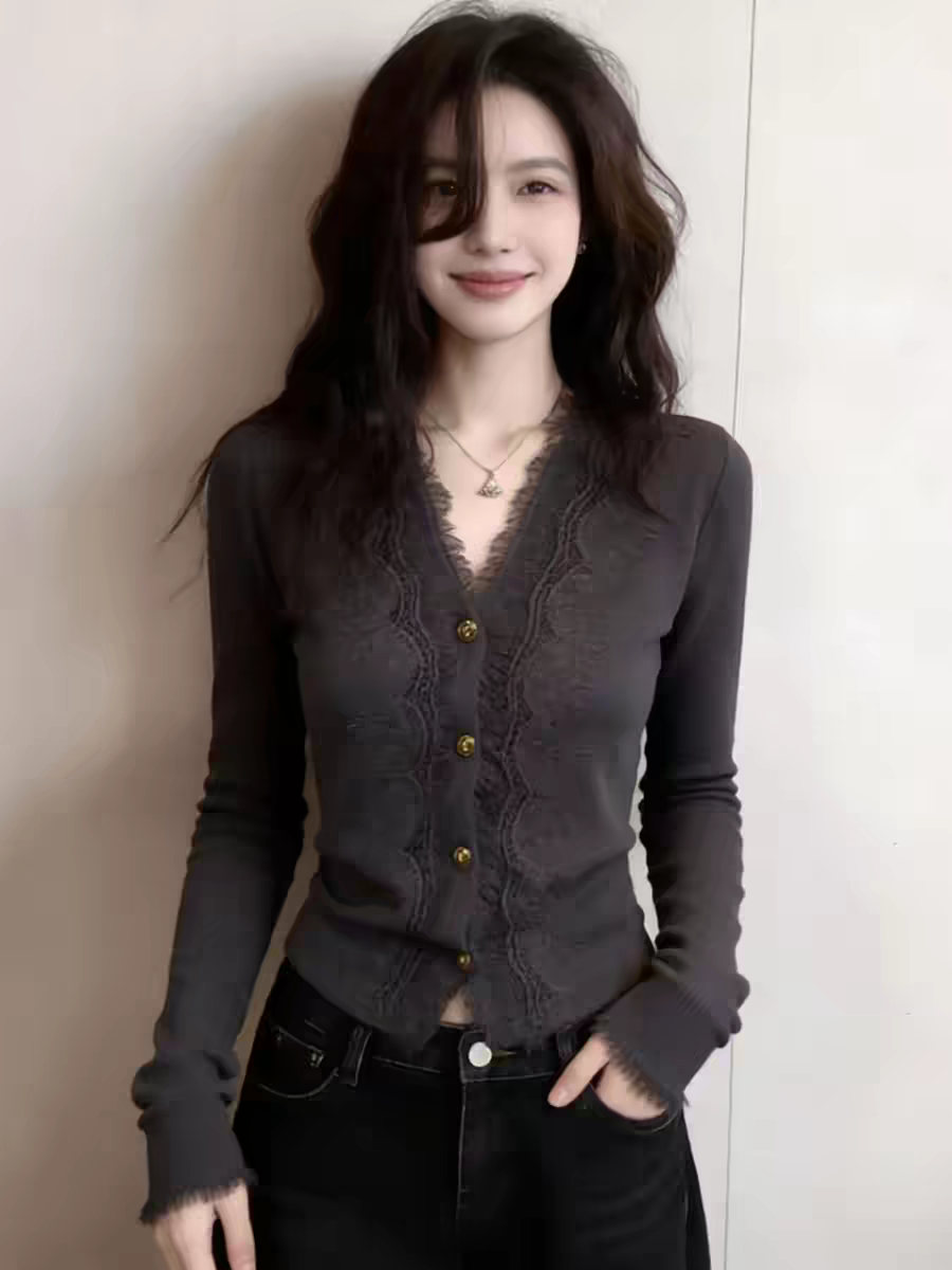 빛 럭셔리 바람 어두운 회색 V넥 레이스 측면 니트 오픈 가디건 몸매 가꾸기 슬림해 보이는 고급 센스 맨위 2026 봄 새로운