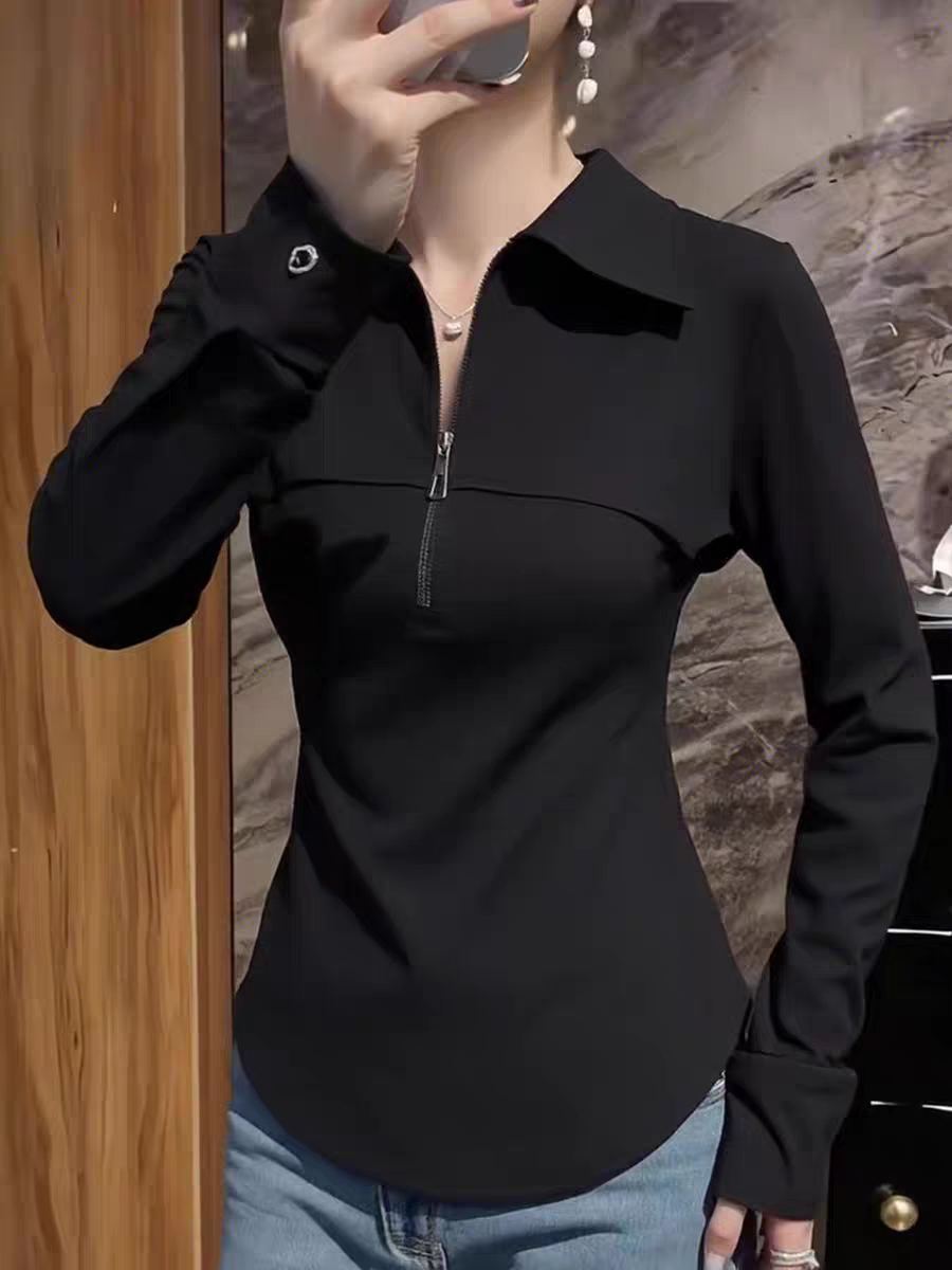 품격 몸매 가꾸기 지퍼 쉬폰 셔츠 POLO 칼라 단색 가을 의상 긴팔 패션 외국 가스 슬림해 보이는 작은 대중 맨위 여성