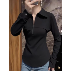 批发气质修身拉链雪纺<b class='q'>衬衫</b>polo领纯色秋装长袖时尚洋气显瘦小众上衣女